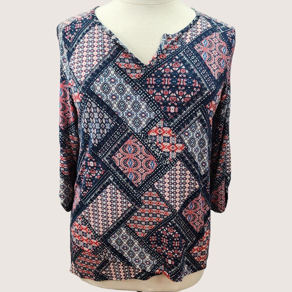 89Th + Madison Women’s Blouse Size L NWT Red Blue Geometric Cottage Core Mom